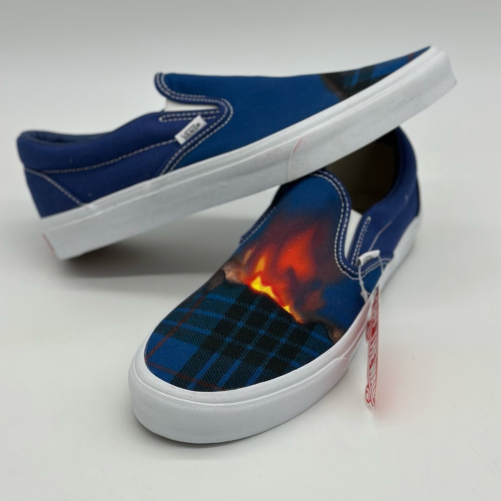 Vans Blue Slip-On Sneakers with Flame Design
